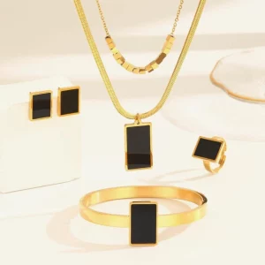 Parure Bijoux Carrée en Acier Inoxydable – Or Doré et Noir